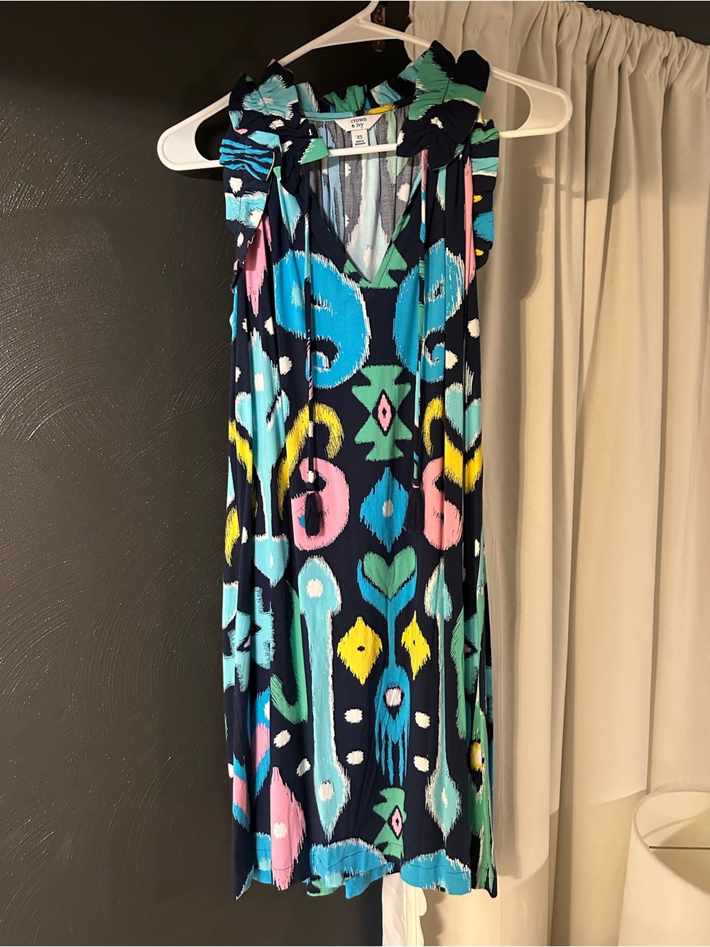 Navy Multicolor Ikat Print Sleeveless Dress